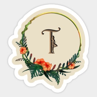 Letter t in circular frame with girl figure and tropical flowers Sticker